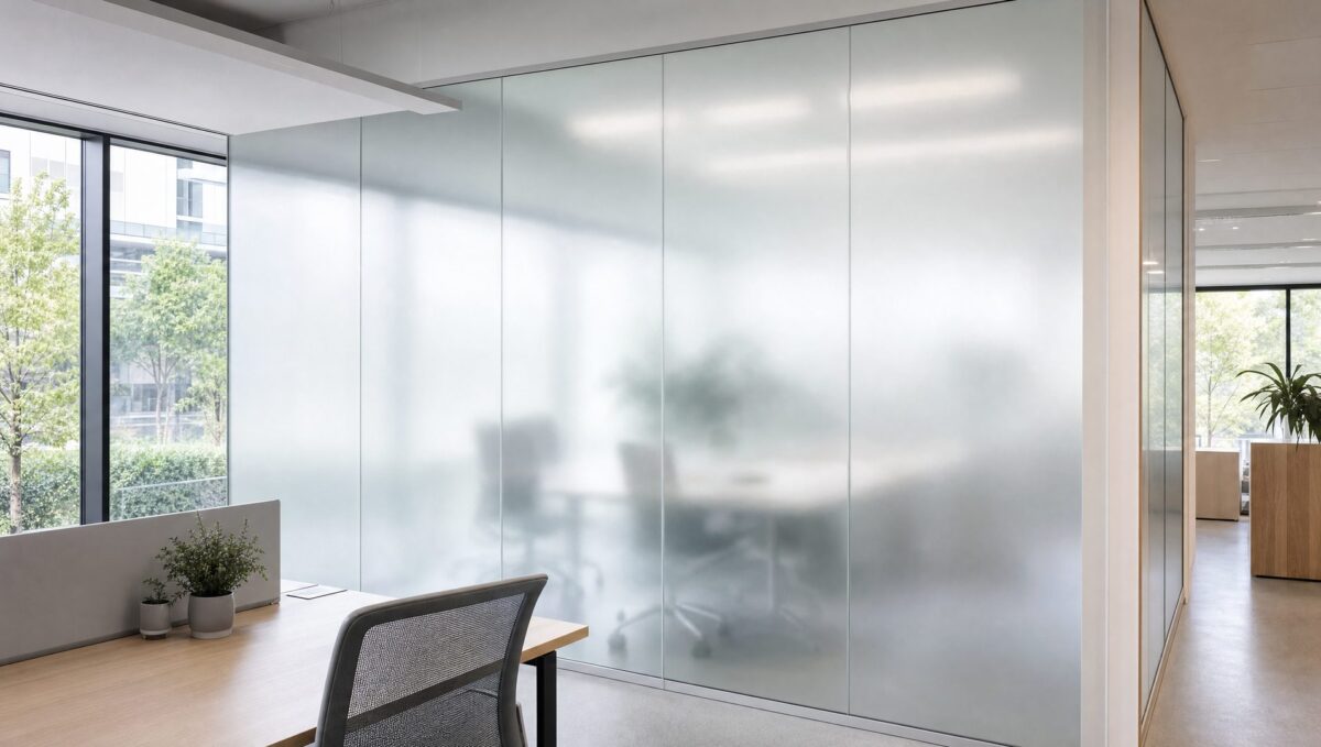 Vetrata d’ufficio con pellicola privacy satinata applicata: la luce filtra diffusa e l’ambiente rimane visibile solo come sagome