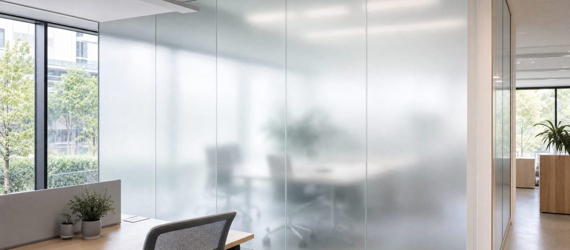 Vetrata d’ufficio con pellicola privacy satinata applicata: la luce filtra diffusa e l’ambiente rimane visibile solo come sagome